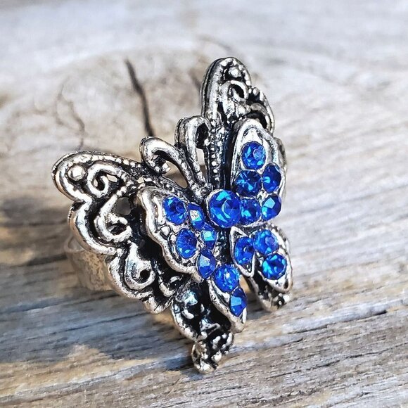 Vintage Y2K 90s Cobalt Blue Crystal Butterfly Silver Adjustable Cocktail Ring - Picture 2 of 8